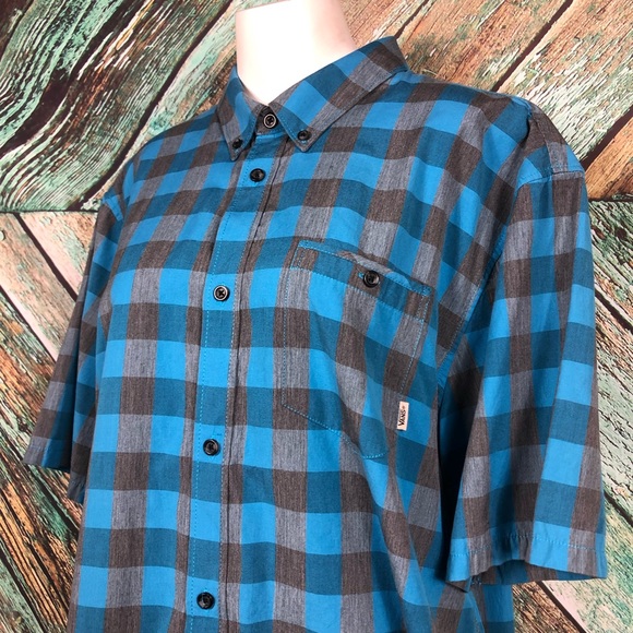 C3 - Vans Mens Teal Grey Plaid Short Sleeve Button Down - L - Picture 2 of 7